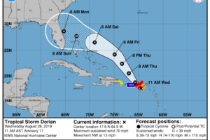 Tropical Storm Dorian Near St. Croix, Forecast To Become A Hurricane Soon