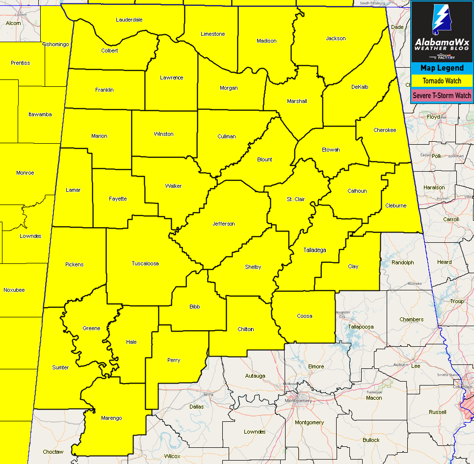 Tornado Watch Issued For Most Of North/Central Alabama Through 10:00 PM ...