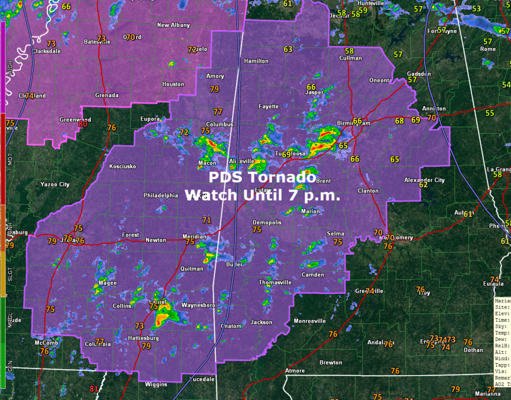 PDS Tornado Watch Issued for Parts of Alabama and Mississippi until 7 p