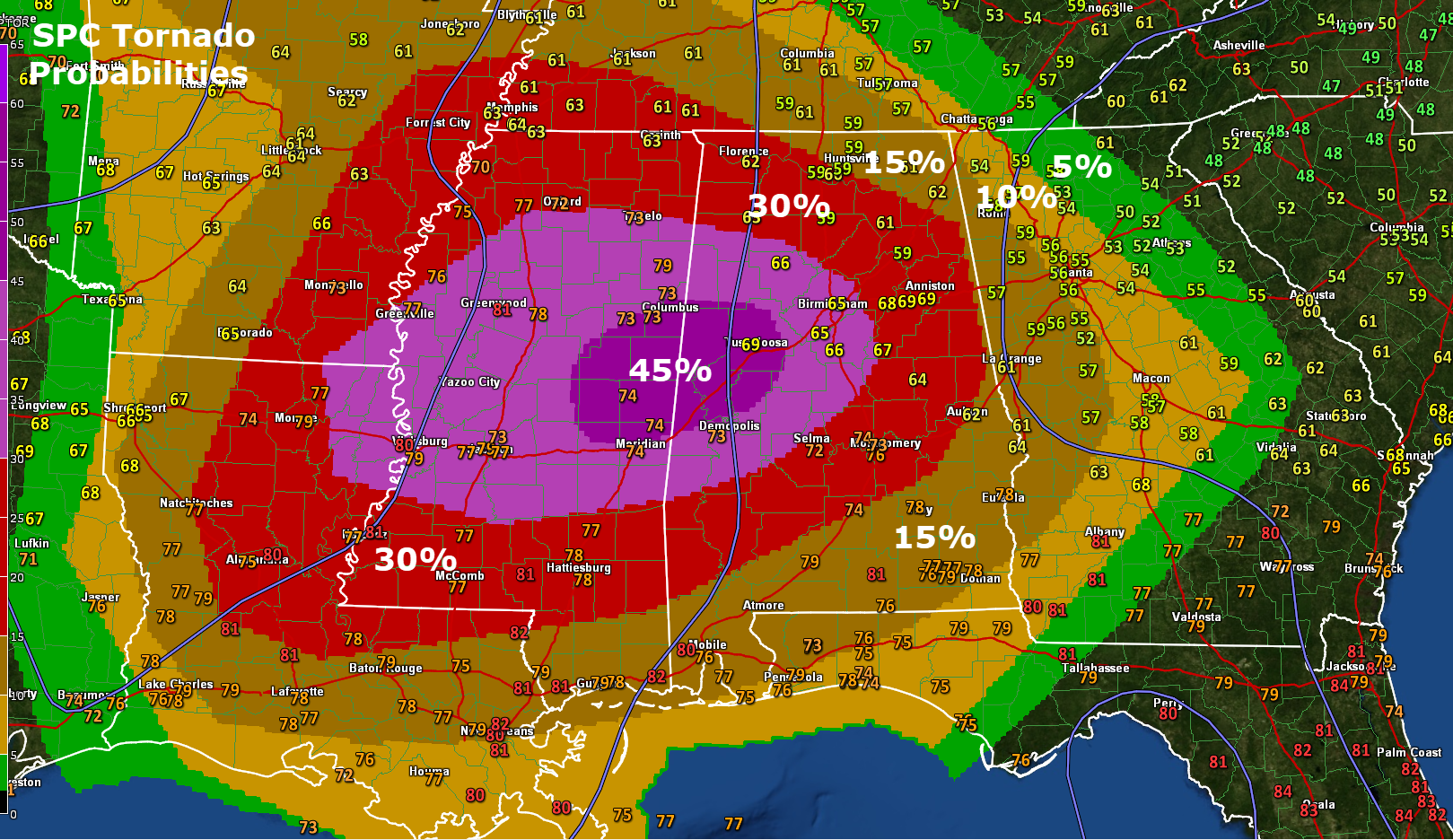 Rare 45 Hatched Tornado Risk on Latest SPC Outlook The Alabama Weather Blog