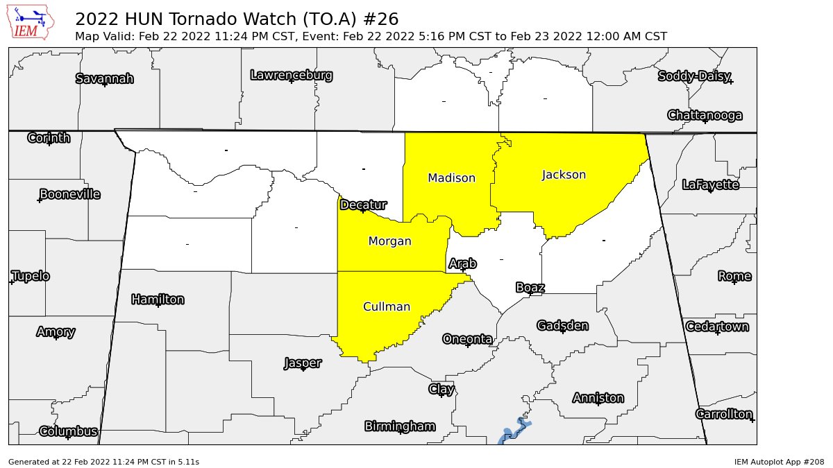 NWS Huntsville Cancels a Few Counties from the Tornado Watch, Keeps the