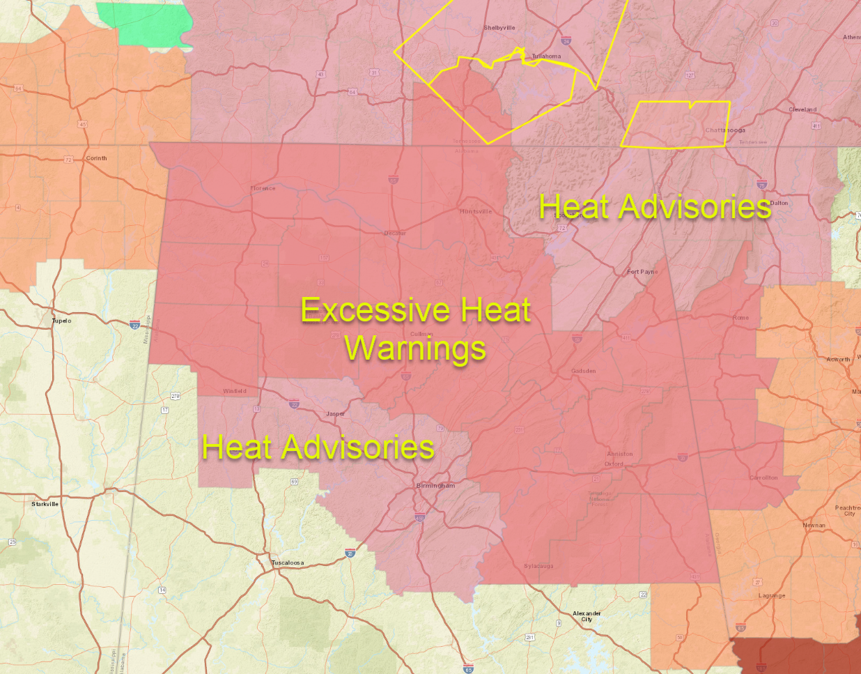 Storms Moving Toward Northeast Alabama; Heat Advisories and Warnings in