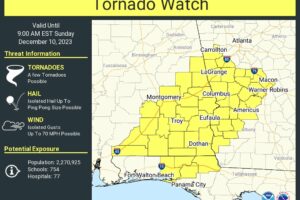 New Tornado Watch until 8 a.m. for Southeastern Portions of Central Alabama; New Severe Thunderstorm Warning As Well