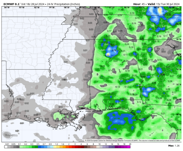 Projected rainfall totals for today (European Model).