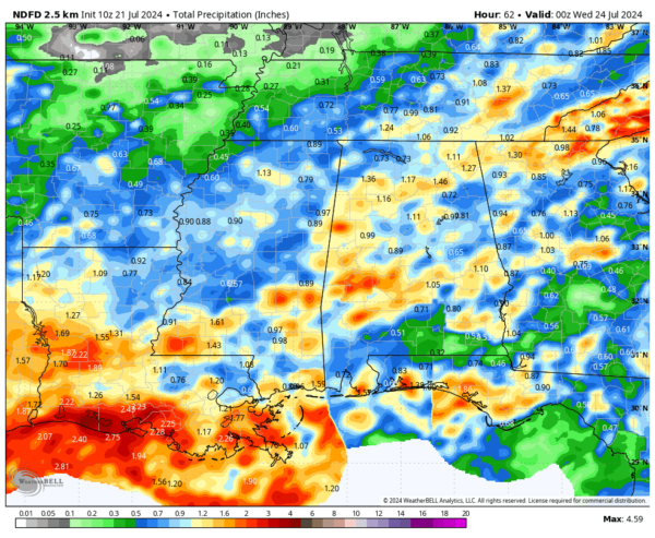 Projected rainfall totals through Saturday evening.