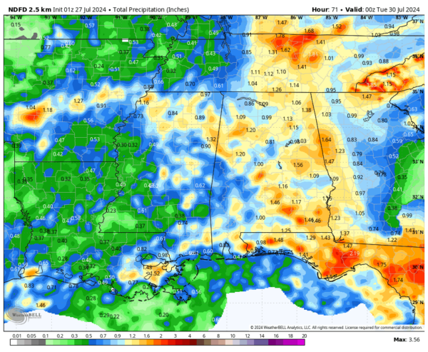 Projected rainfall totals through Monday afternoon.