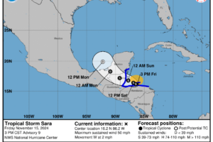 Tropical Storm Sara Slowly Moving West, Expected to Weaken to a Depression by Early Monday AM